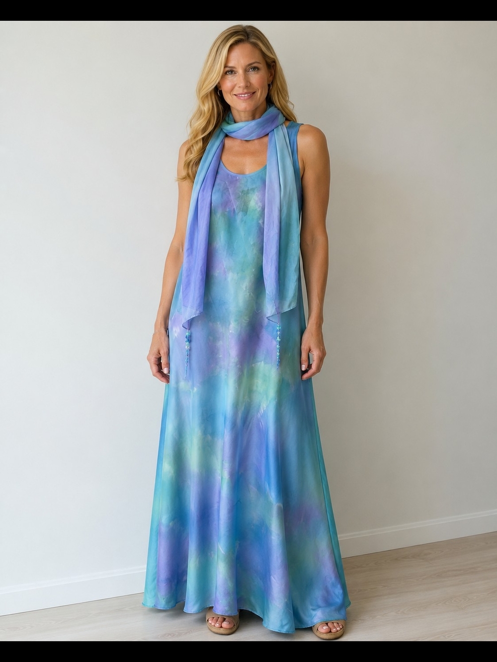 Watercolor Blue Lavender Maxi Dress with Matching Scarf